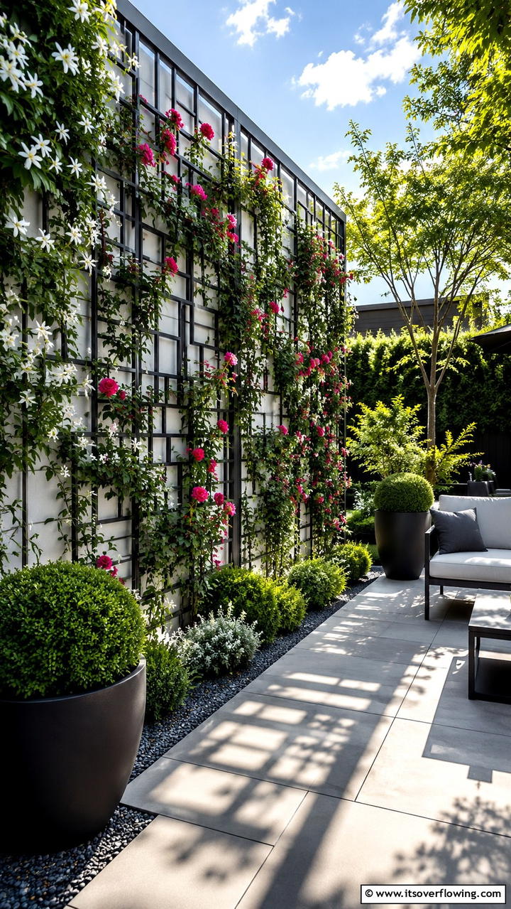 Metal Trellis Display - 30 Garden Wall Ideas for Vertical Planting and Privacy Screens