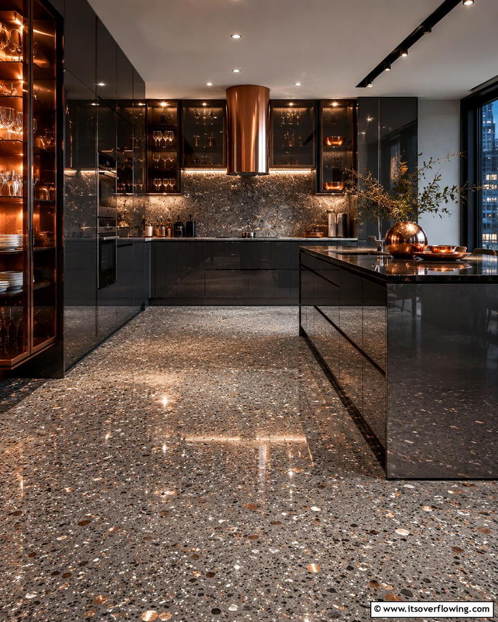 Metallic Accented Terrazzo - 25 Terrazzo Kitchen Floor Ideas for a Unique Look
