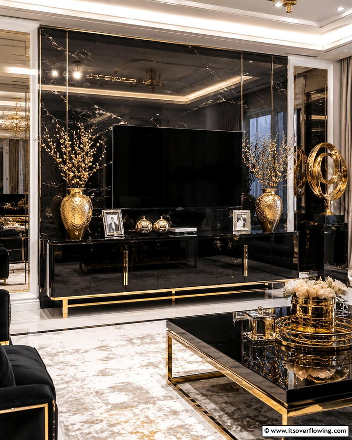 Metallic Accents - 25 TV Console Decor Ideas to Elevate Your Living Room