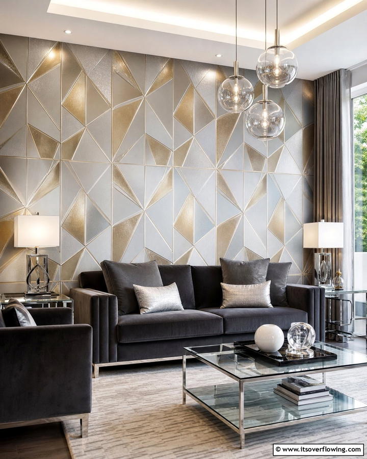 Metallic Accents - 21 Living Room Wallpaper Ideas to Refresh Your Decor