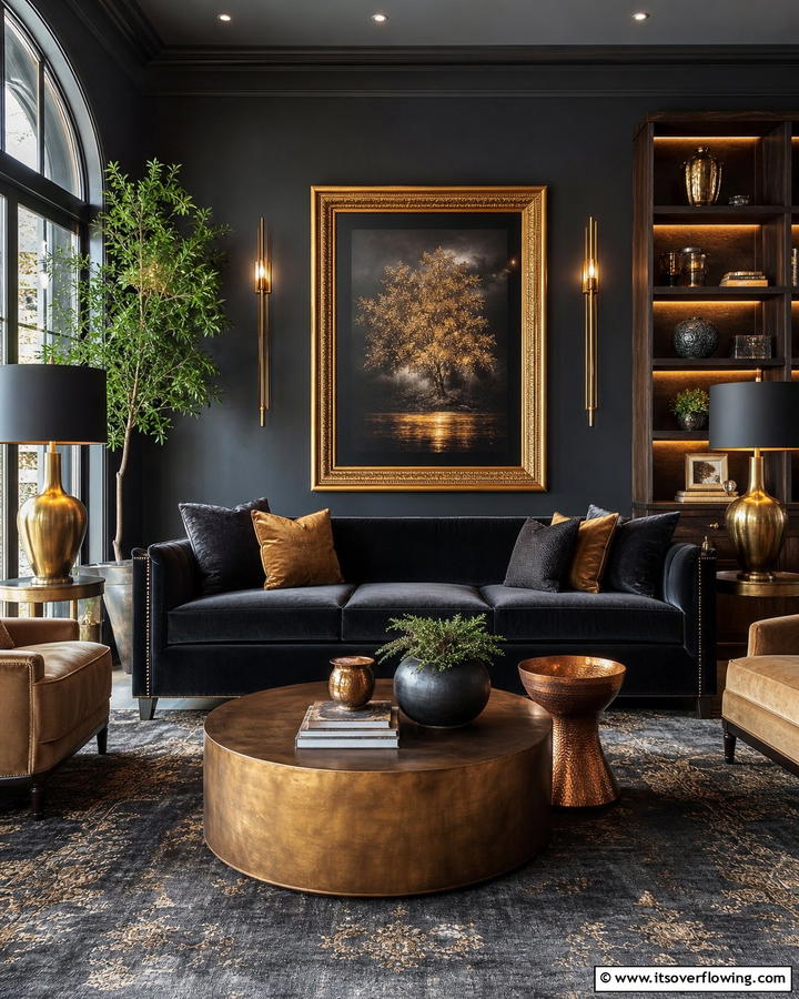 Metallic Accents for Contrast - 20 Moody Living Room Ideas for a Dramatic Atmosphere