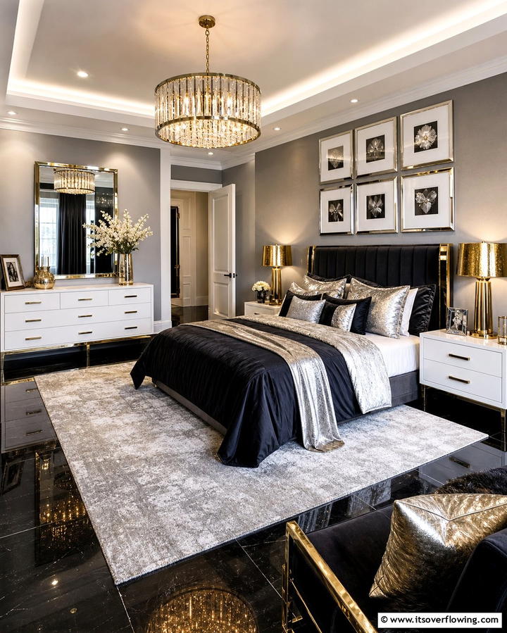 Metallic Accents for Glamour - 25 Black Floor Bedroom Ideas for a Bold and Modern Look