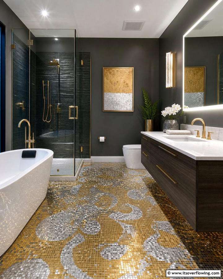 Metallic Accents for Glamour - 25 Bathroom Mosaic Floor Tile Ideas for Unique Style