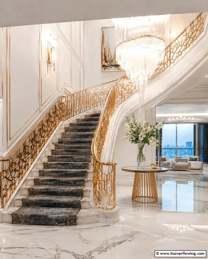 Metallic Accents for a Glamorous Touch - 25 Stair Runner Ideas for Safety and Style in Your Home