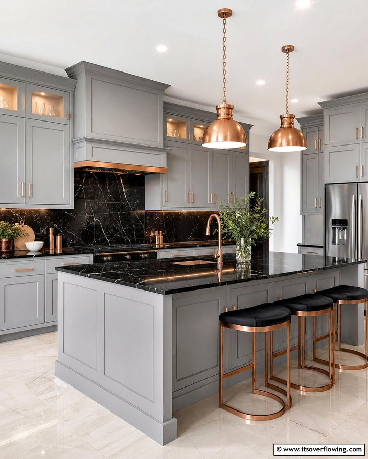 Metallic Accents for a Luxurious Touch - 25 Kitchen Ideas with Gray Cabinets and Black Countertops