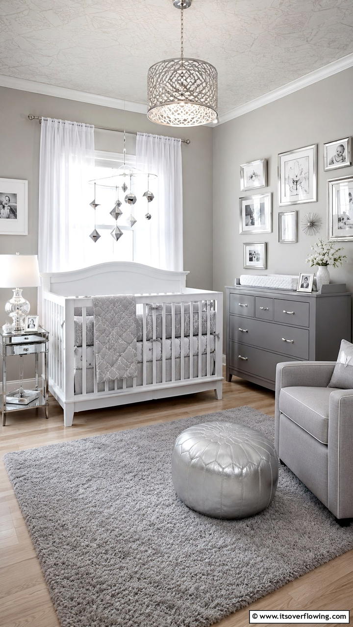 Metallic Accents in Grey Themes - 30 Grey Nursery Ideas- Calming & Modern Baby Room Designs