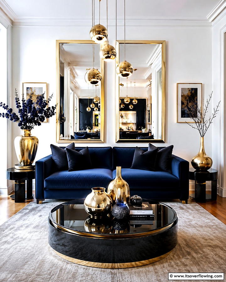 Metallic Accents with Black and Blue - 25 Bold Black and Blue Living Room Ideas for a Statement