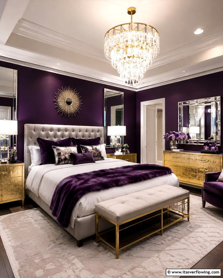 Metallic Accents with Purple - 30 Dark Purple Bedroom Ideas for Dramatic Luxury Spaces
