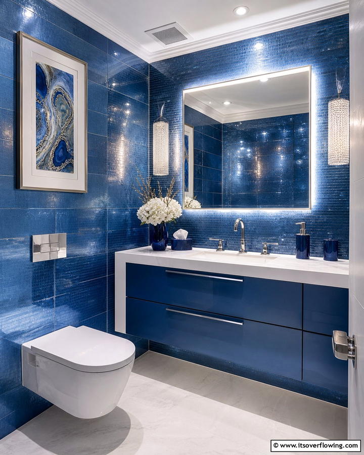 Metallic Blue Finish - 20 Blue Powder Room Ideas- Small Space, Big Style