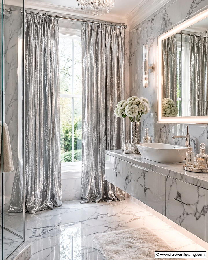 Metallic Finish Curtains - 25 Bathroom Curtain Ideas for Privacy and Style