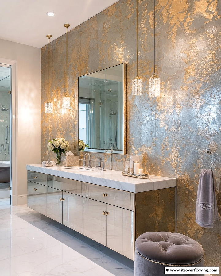 Metallic Finish Glamour - 21 Bathroom Accent Wall Ideas for Bold & Textured Designs