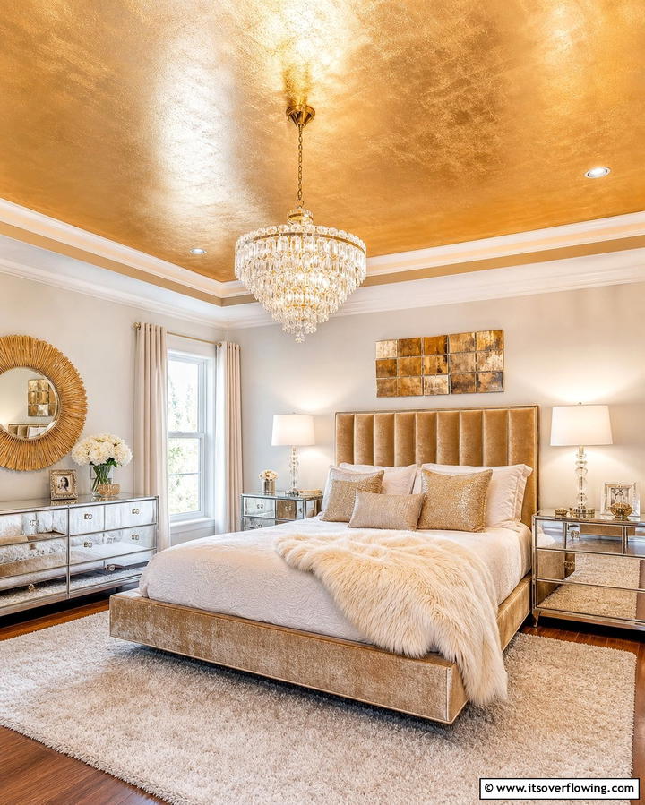 Metallic Finishes for Glamorous Shine - 25 Stunning Bedroom Ceiling Ideas to Elevate Your Space