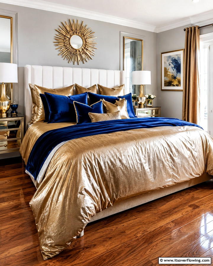 Metallic Gold Bedding with Blue Pillows - 25 Blue and Gold Bedroom Ideas for a Regal Atmosphere