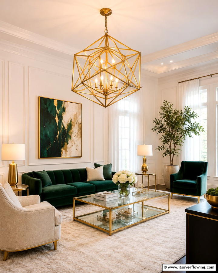 Metallic Gold Lighting Fixtures for a Warm Glow - 25 Emerald Green and Gold Living Room Ideas for Luxury