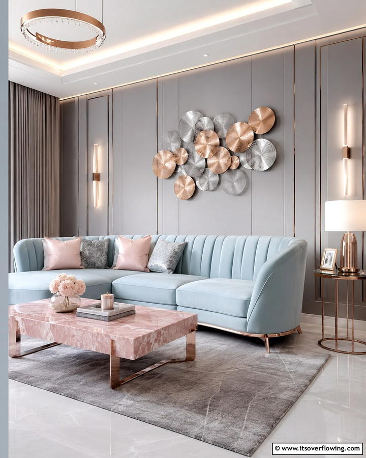 Metallic Highlights - 25 Pink and Blue Living Room Ideas for a Vibrant Space