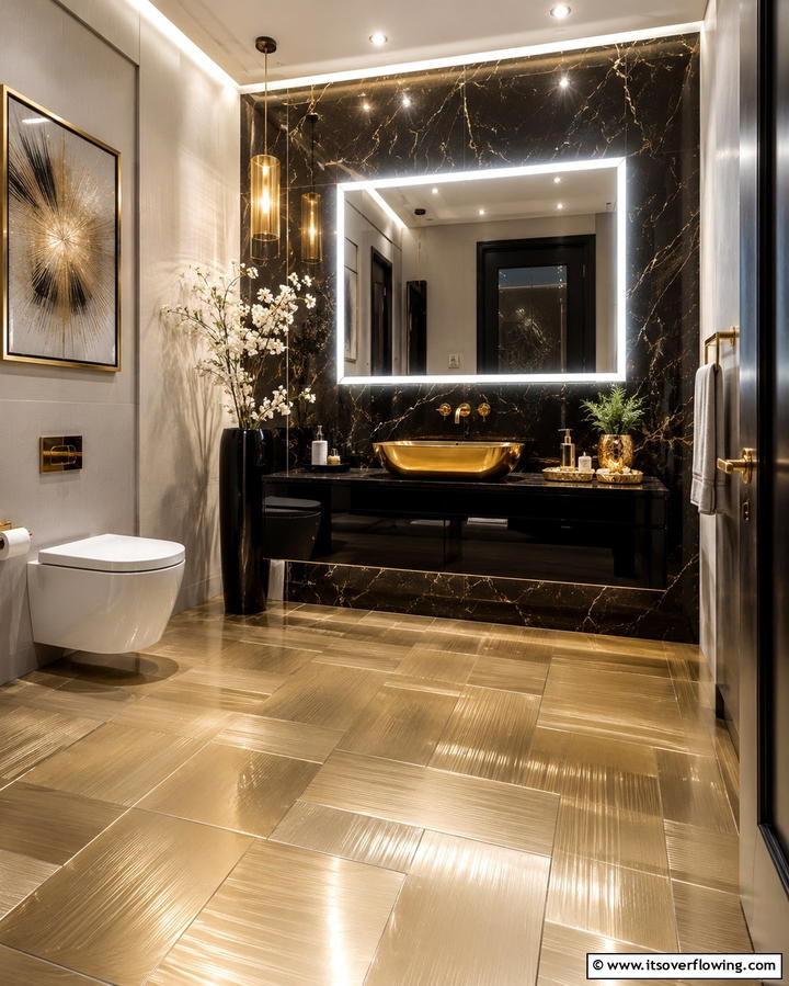 Metallic Inspired Tiles for Glamour - 30 Powder Room Floor Tile Ideas for Elegant Small Spaces