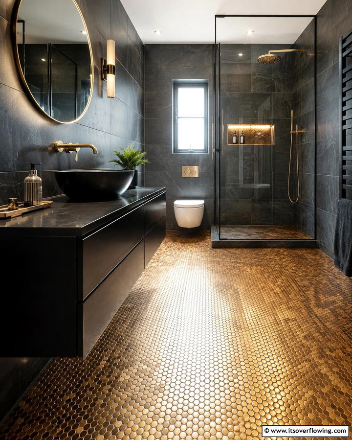 Metallic Penny Tile Finish - 25 Penny Tile Bathroom Floor Ideas for a Unique Look