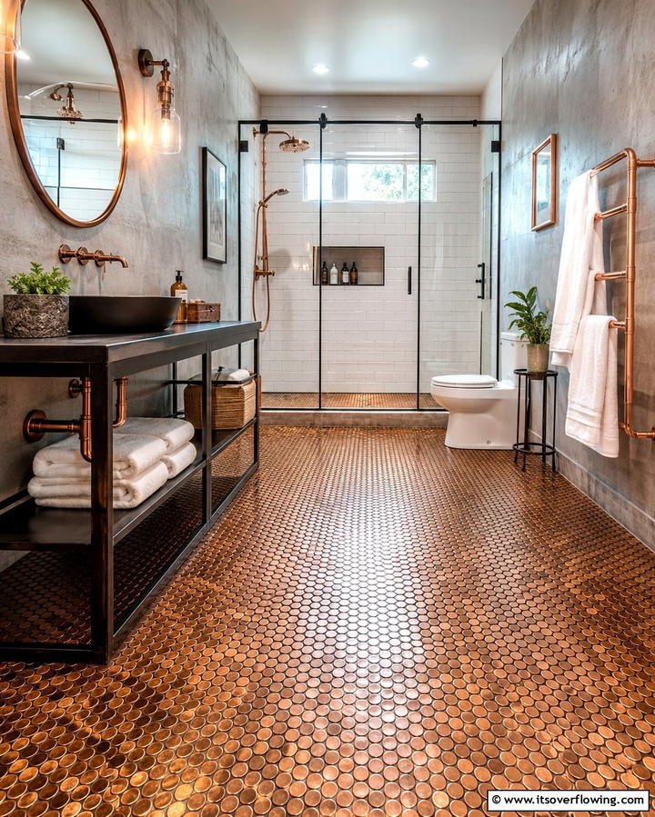 Metallic Penny Tiles - 25 Penny Tile Bathroom Floor Ideas for a Unique Look