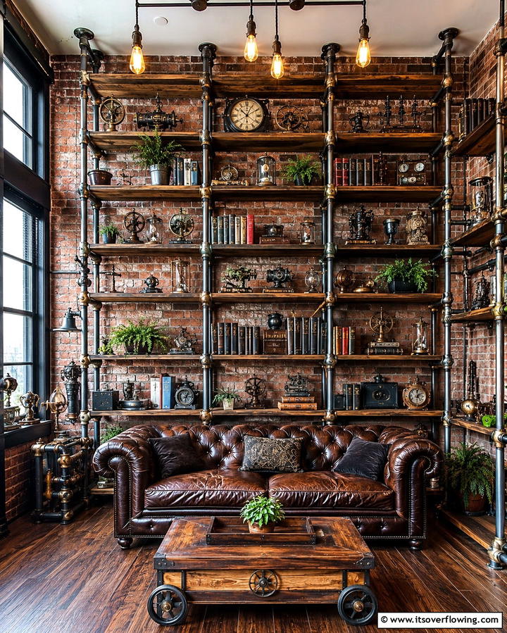 Metallic Pipe Shelving - 20 Steampunk Living Room Ideas for Unique Decor