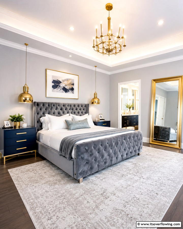 Metallic Touches for Elegance - 25 Navy Blue and Grey Bedroom Ideas for Modern Style