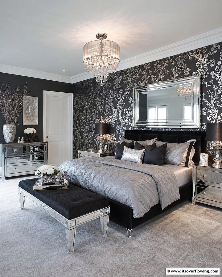 Metallic Wall Accents - 20 Black and Silver Bedroom Ideas for a Sleek Aesthetic