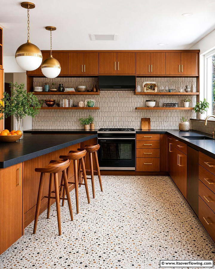 Mid Century Modern Appeal - 25 Brown Kitchen Cabinets With Black Countertops