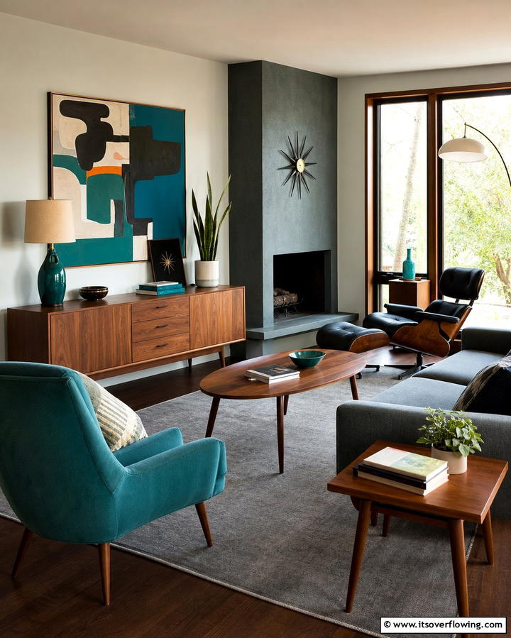 Mid Century Modern Vibes - 30 Grey Living Room & Dark Wood Floor Design Combinations
