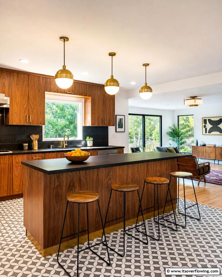 Mid Century Modern Vibes with Warm Woods - 20 Kitchen Ideas with Brown Cabinets and Black Countertops