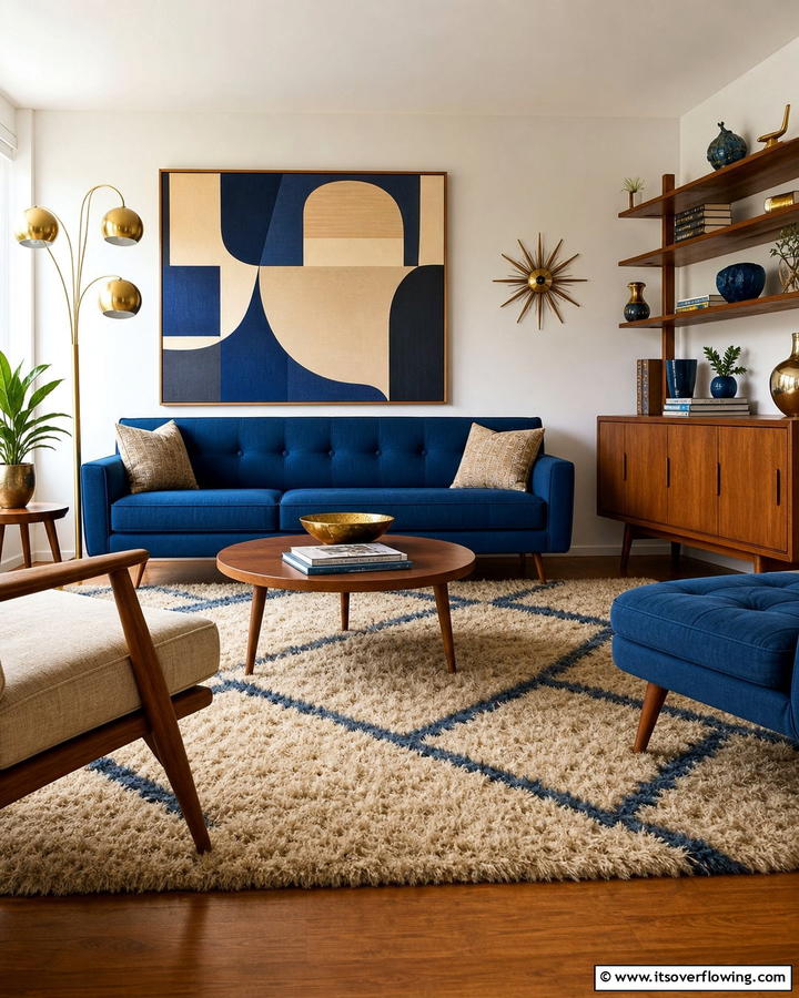 Mid Century Modern with Blue and Beige - 20 Blue and Beige Living Room Ideas- Serene Spaces