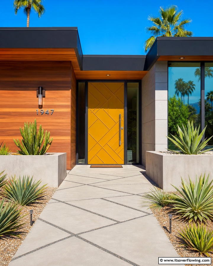 Mid Century Modern with Geometric Patterns - 20 Mustard Yellow Front Door Ideas for a Bold Entrance