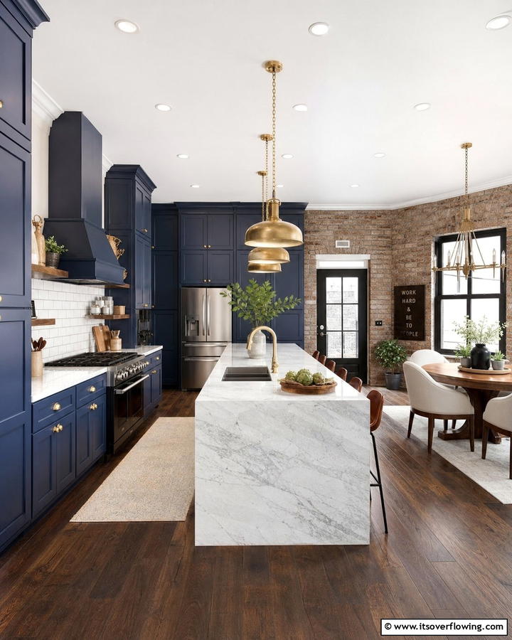 Midnight Blue Cabinets with Antique Gold Knobs - 25 Blue Kitchen Cabinets With Gold Hardware for a Luxe Look