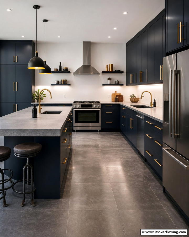 Midnight Blue Cabinets with Satin Gold Bar Handles - 25 Blue Kitchen Cabinets With Gold Hardware for a Luxe Look