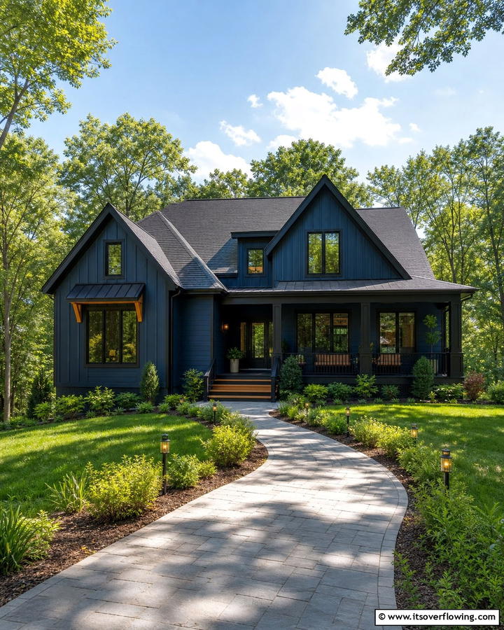 Midnight Blue with Black Roof - 25 Blue House With Black Trim Ideas for a Striking Exterior