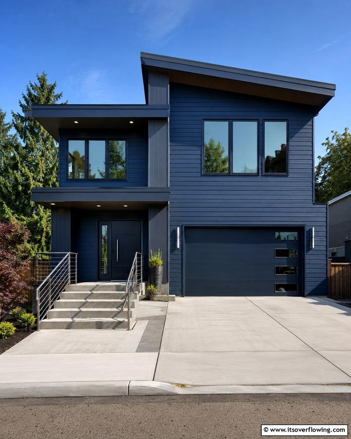 Midnight Blue with Metallic Silver Accents - 30 Serene Blue Exterior House Paint Ideas for Curb Appeal