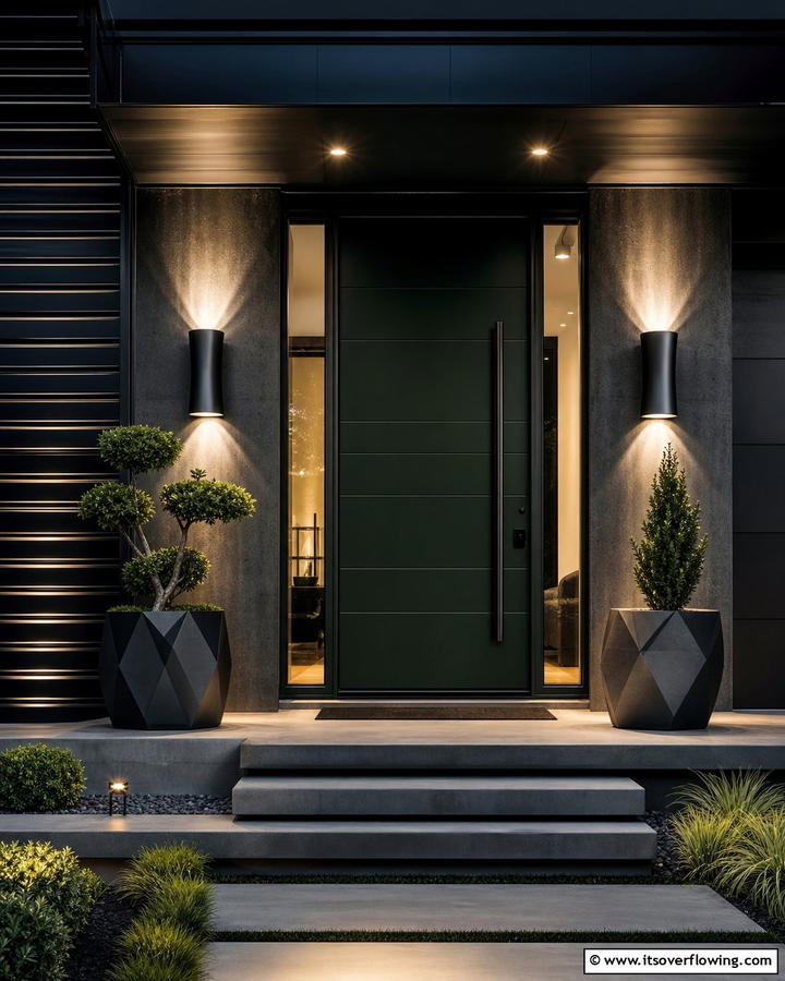 Midnight Green Door with Statement Lighting - 20 Stunning Dark Green Front Door Ideas for Curb Appeal