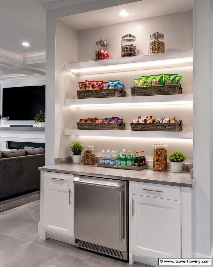 Mini Fridge and Snack Station for Convenience - 30 Media Room Ideas for Ultimate Living Room Entertainment