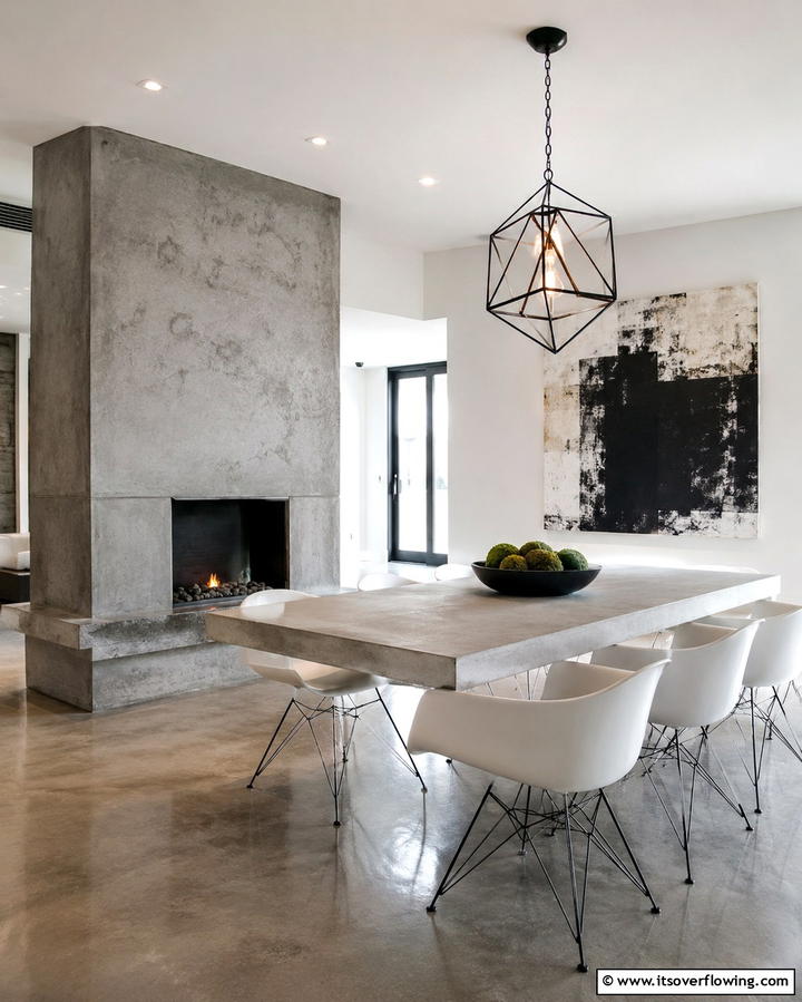 Minimalist Appeal with a Concrete Fireplace - 25 Dining Room With Fireplace Ideas for Cozy Gatherings