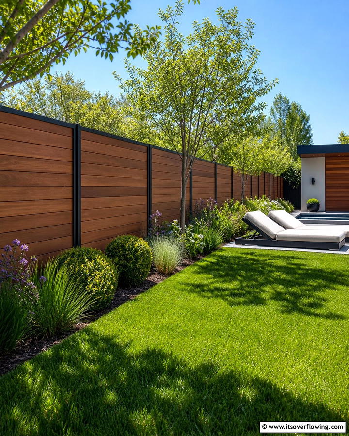Minimalist Beauty with Thin Metal Frames and Wide Wood Panels - 25 Metal and Wood Fence Ideas for Durable Boundaries