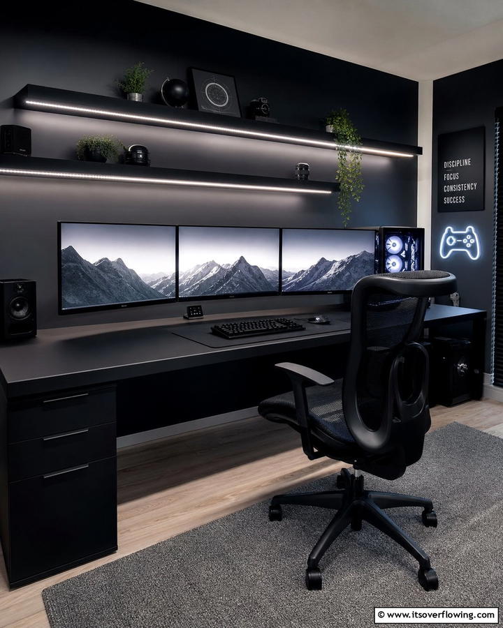 Minimalist Black Gaming Desk - 25 Sleek Black Gaming Room Ideas for Gamers