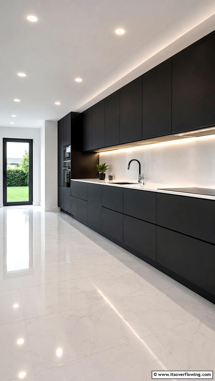 Minimalist Black Handleless Cabinets - 30 Black Kitchen Cabinet Ideas for Bold Modern Spaces