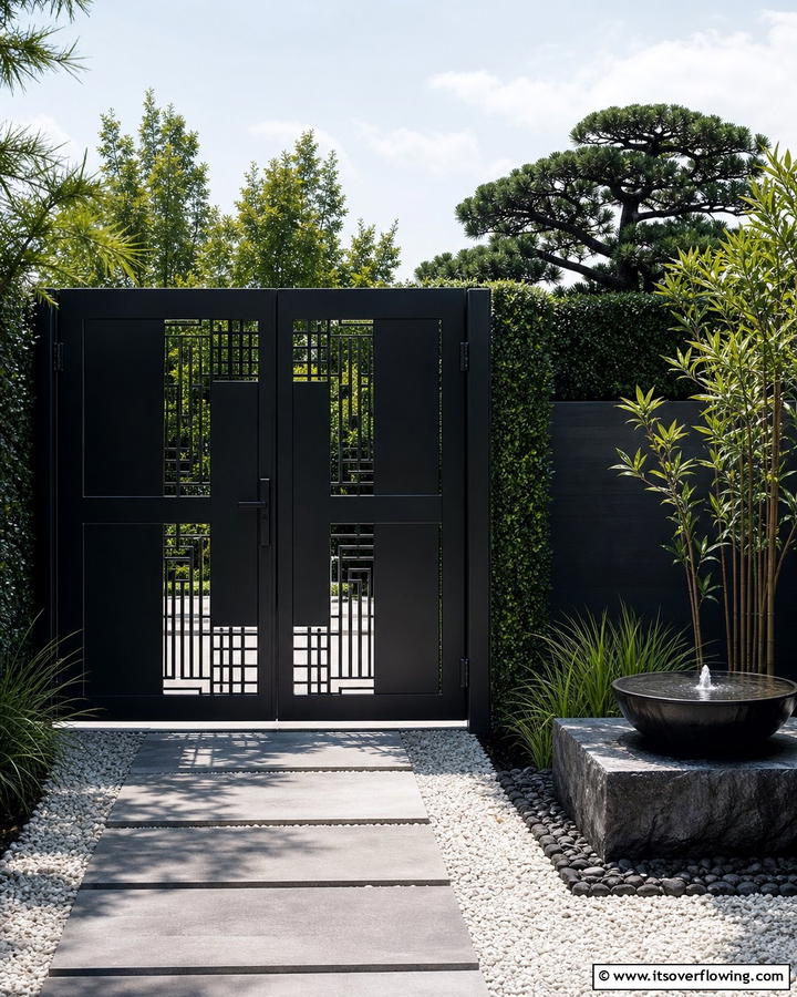Minimalist Black Metal Gate - 20 Japanese Garden Gate Design Ideas for a Zen Space