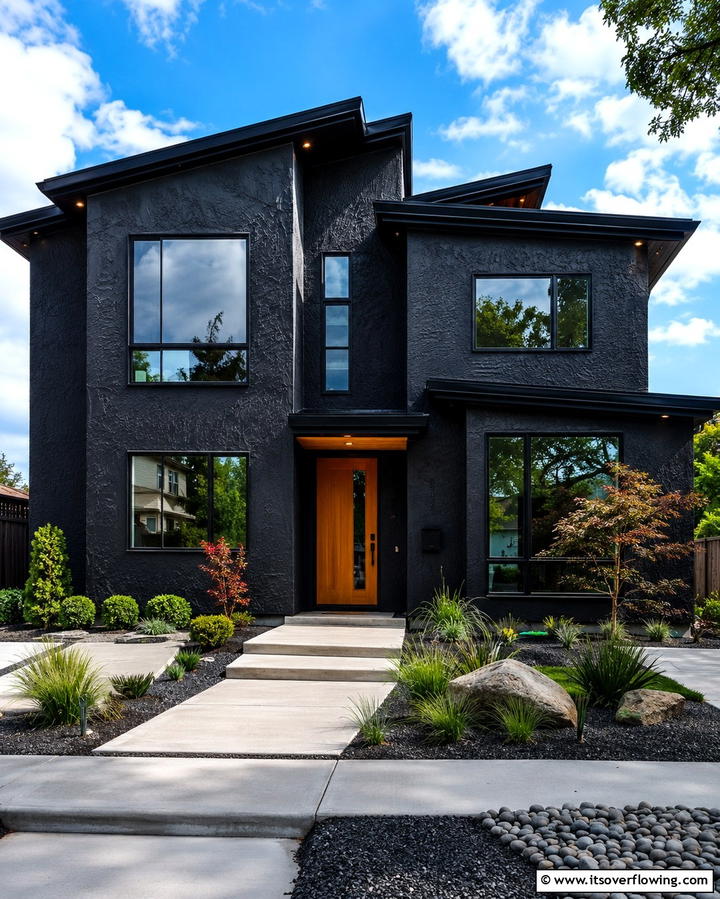 Minimalist Black Stucco Design - 25 Black Stucco House Ideas for Modern Exteriors