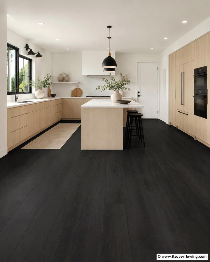 Minimalist Black Vinyl Style - 30 Sleek Black Floor Kitchen Ideas for Contemporary Designs