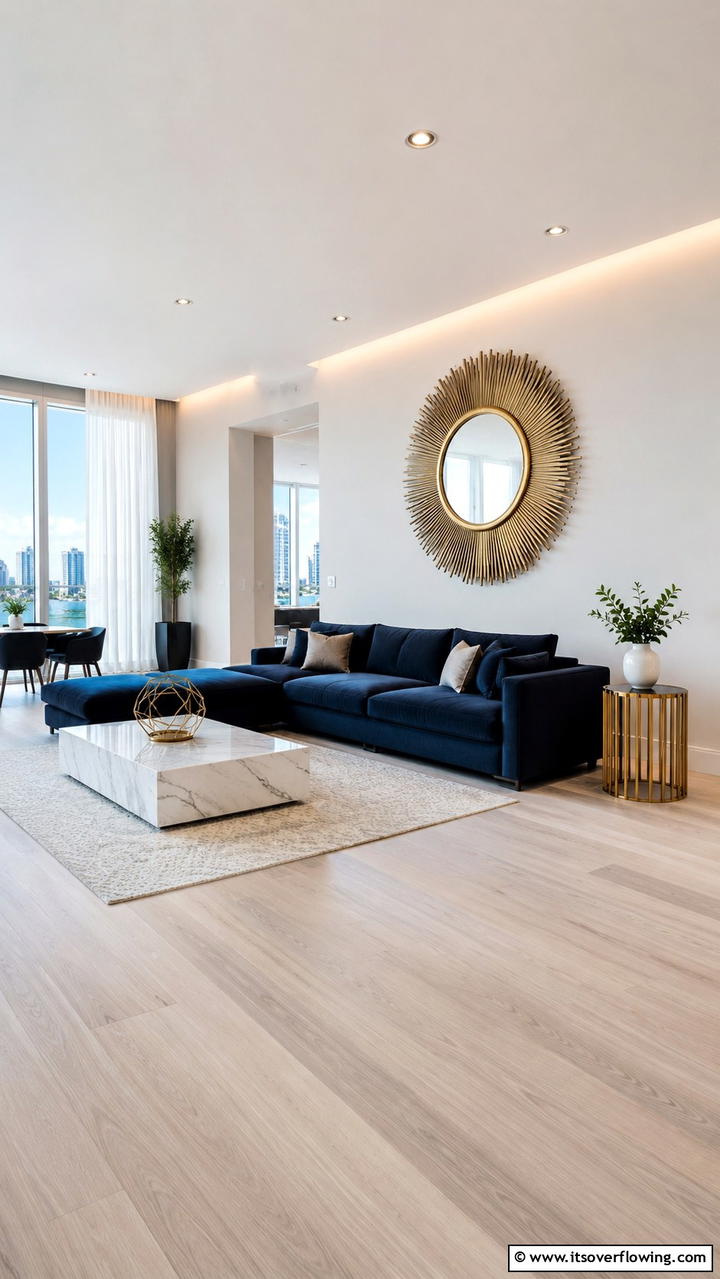 Minimalist Blue Ambience with Gold Accents - 30 Stunning Blue and Gold Living Room Ideas for Elegant Spaces