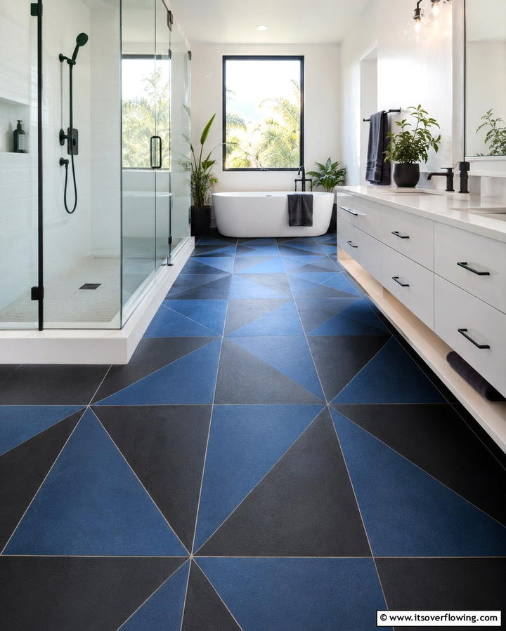 Minimalist Blue and Black Floor Tiles - 30 Striking Black and Blue Bathroom Ideas for Dramatic Flair