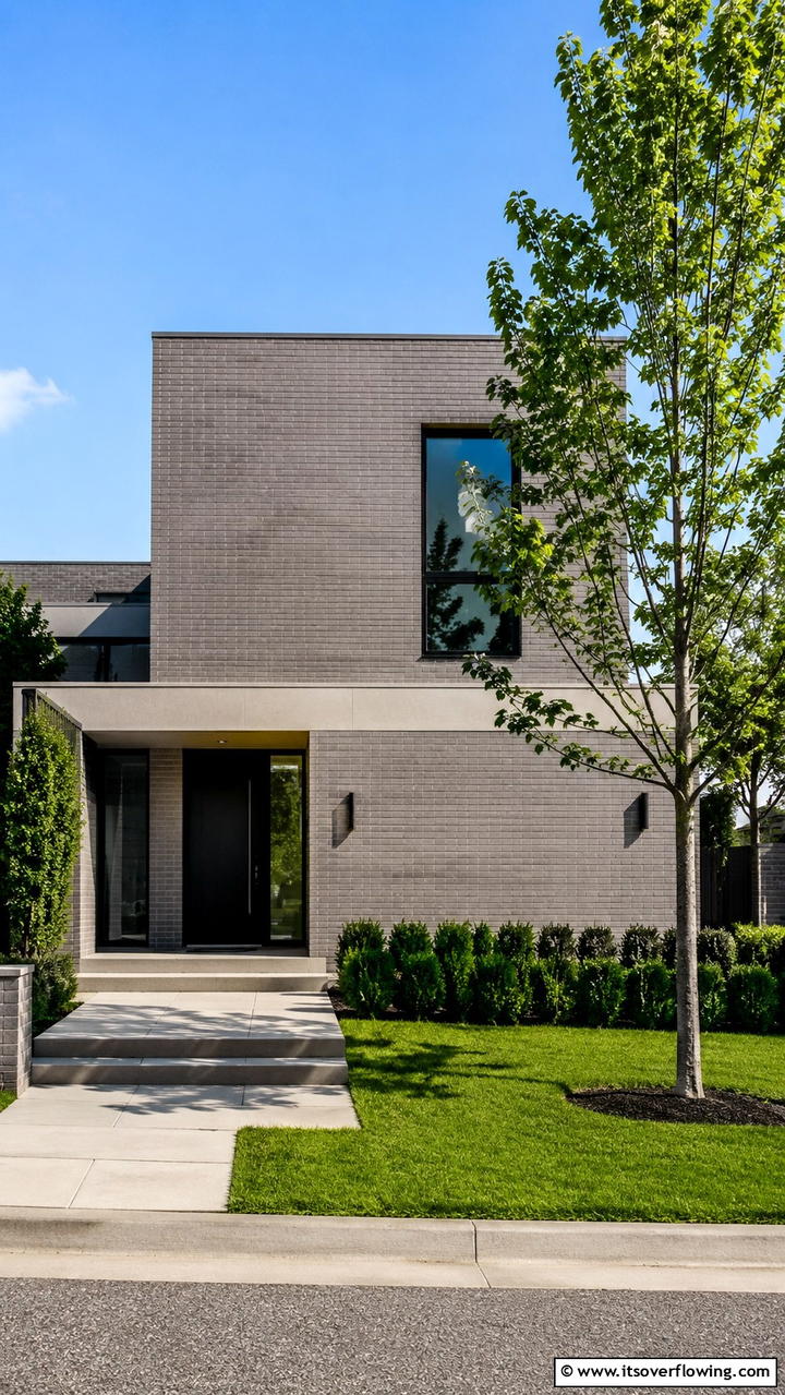 Minimalist Brick Residence with Clean Stone Lines - 30 Brick Houses With Stone Accents- Exterior Design Inspiration