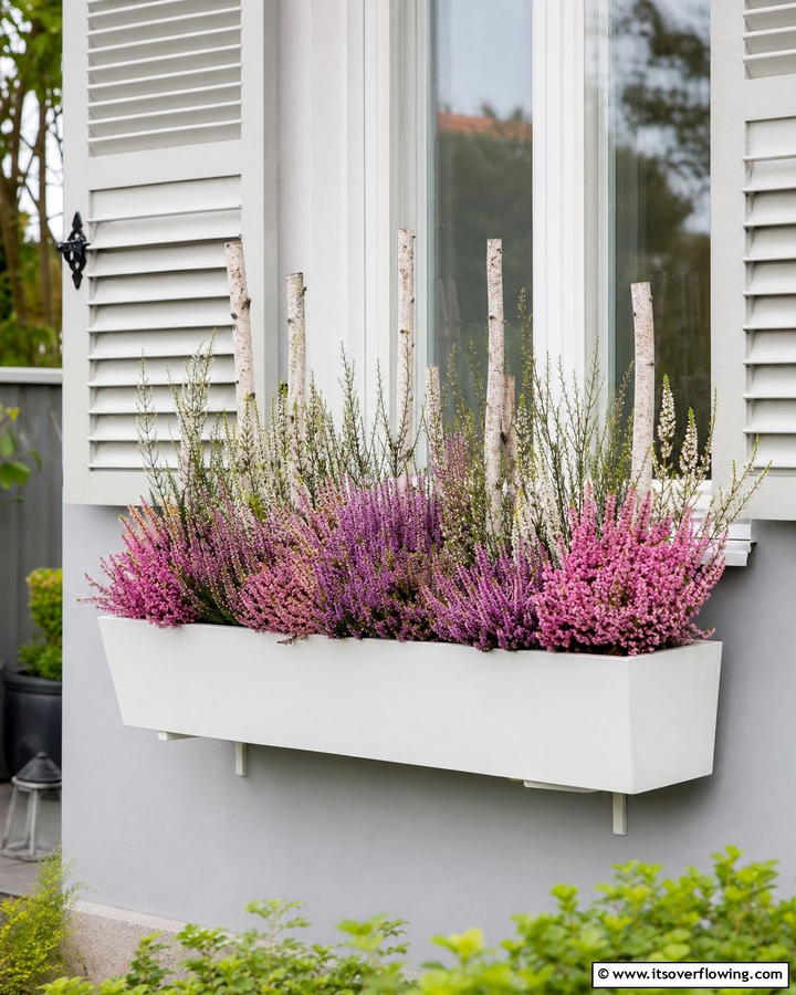 Minimalist Charm with Heather and Birch Twigs - 20 Fall Flower Box Ideas for Seasonal Beauty