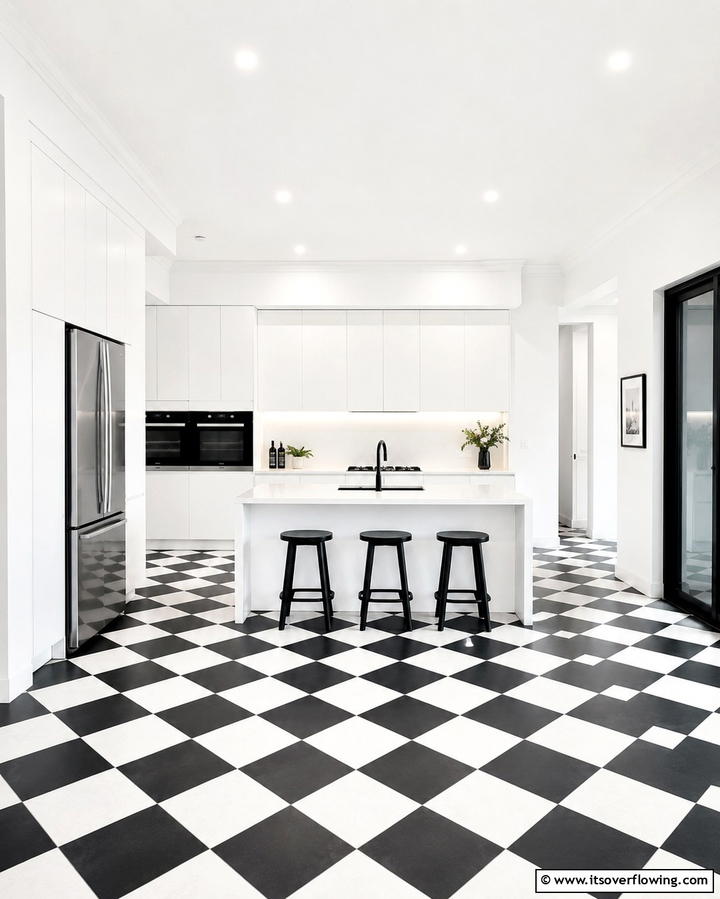 Minimalist Checkerboard Modernity - 30 Kitchens with Checkered Floors- Retro-Inspired Designs