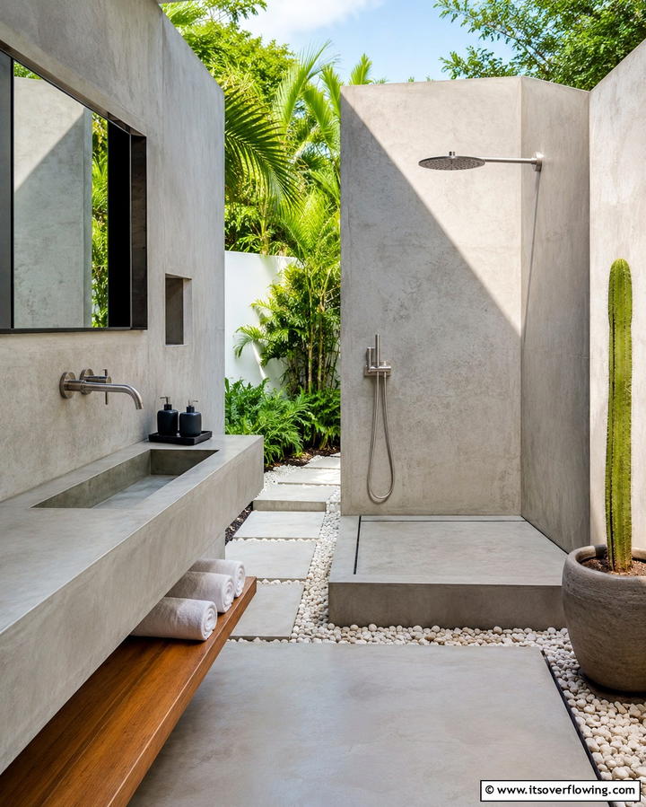 Minimalist Concrete Chic - 30 Outdoor Bathroom Ideas for a Luxurious Backyard Oasis