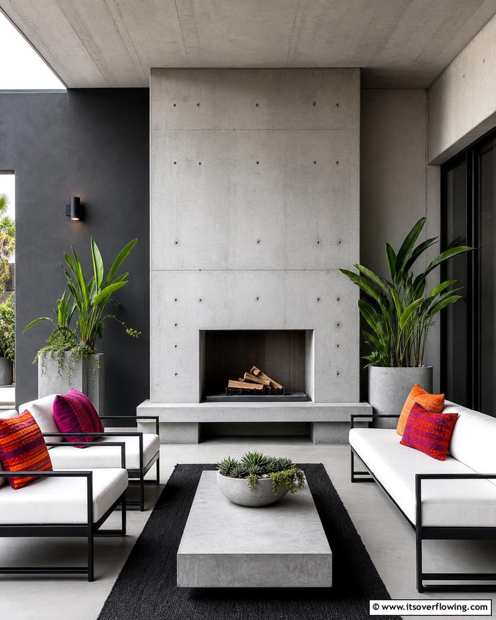 Minimalist Concrete Fireplace - 25 Porch Fireplace Ideas for Cozy Outdoor Evenings